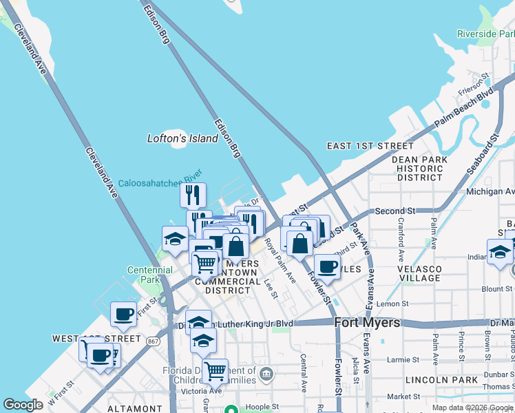 map of restaurants, bars, coffee shops, grocery stores, and more near 2500 Edwards Drive in Fort Myers