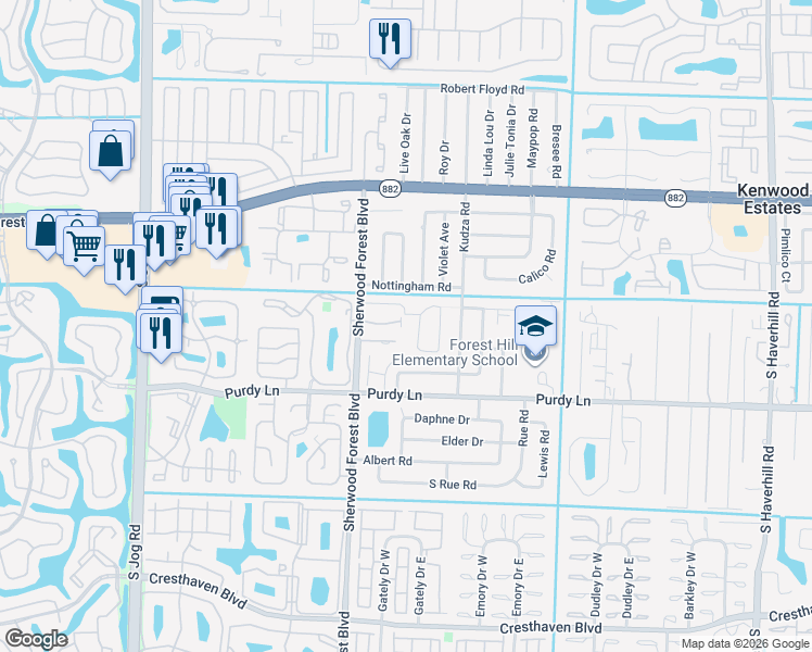map of restaurants, bars, coffee shops, grocery stores, and more near 2074 Basil Drive in West Palm Beach