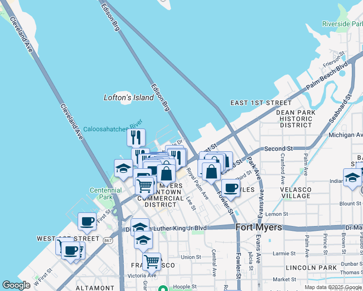 map of restaurants, bars, coffee shops, grocery stores, and more near 2500 Edwards Drive in Fort Myers