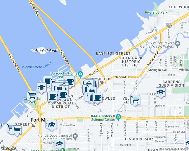 map of restaurants, bars, coffee shops, grocery stores, and more near 2544 First Street in Fort Myers