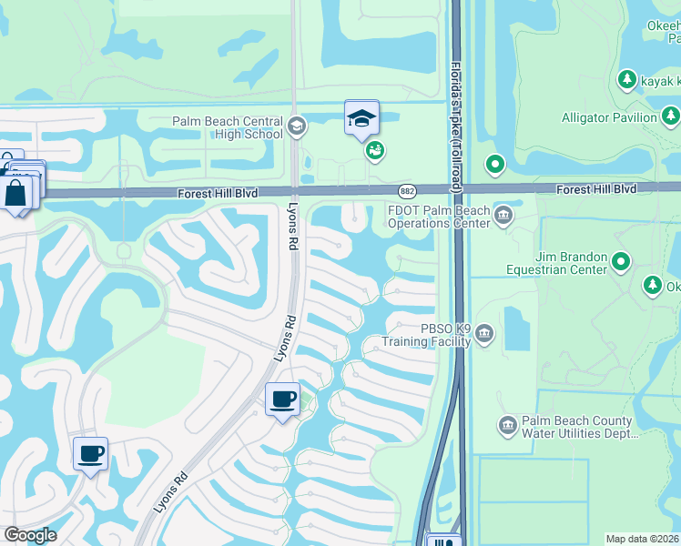 map of restaurants, bars, coffee shops, grocery stores, and more near 8321 Dominica Place in Wellington