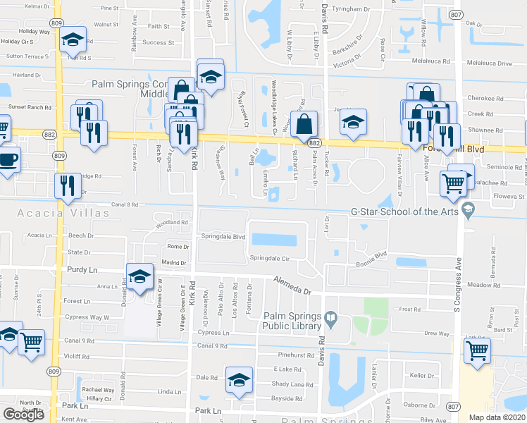 map of restaurants, bars, coffee shops, grocery stores, and more near 52 Springdale Circle in Palm Springs