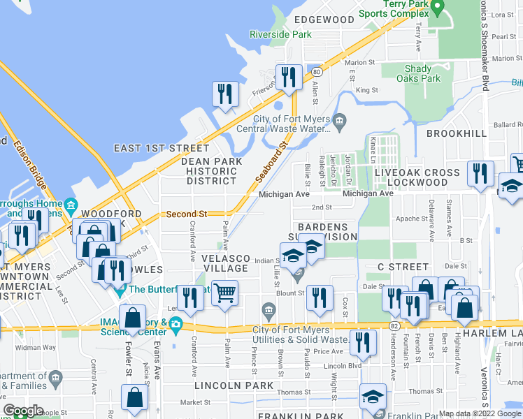 map of restaurants, bars, coffee shops, grocery stores, and more near 5467 Second Street in Fort Myers