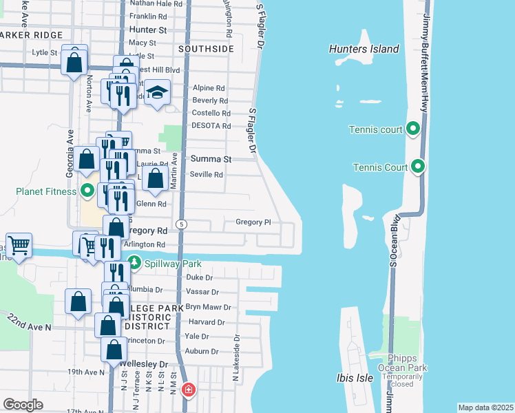 map of restaurants, bars, coffee shops, grocery stores, and more near 101 Rutland Boulevard in West Palm Beach