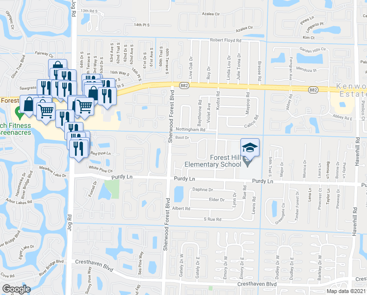 map of restaurants, bars, coffee shops, grocery stores, and more near 5924 Longbow Lane in Haverhill