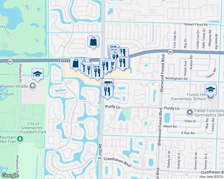 map of restaurants, bars, coffee shops, grocery stores, and more near 6434 Red Pine Lane in Greenacres