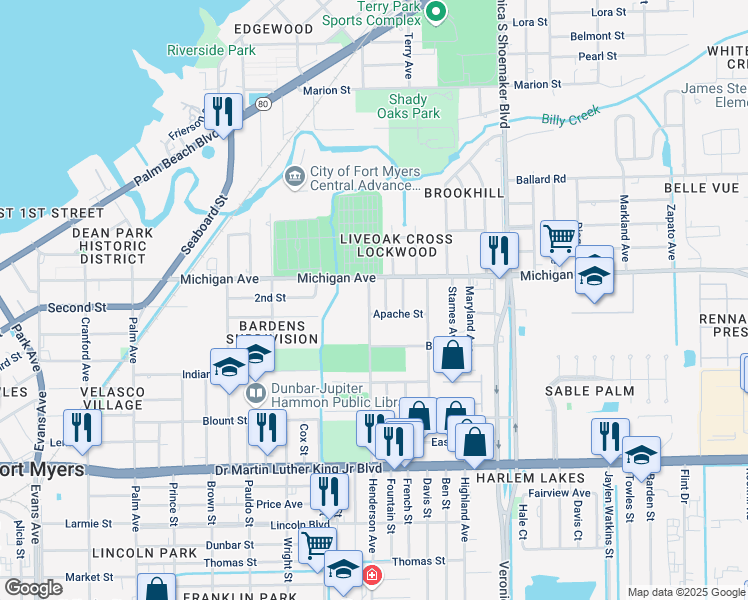 map of restaurants, bars, coffee shops, grocery stores, and more near 1645 Henderson Avenue in Fort Myers