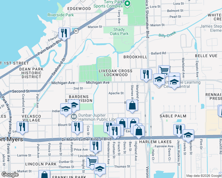 map of restaurants, bars, coffee shops, grocery stores, and more near 1645 Henderson Avenue in Fort Myers