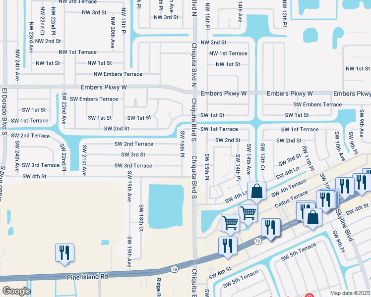 map of restaurants, bars, coffee shops, grocery stores, and more near 207 Southwest 16th Place in Cape Coral