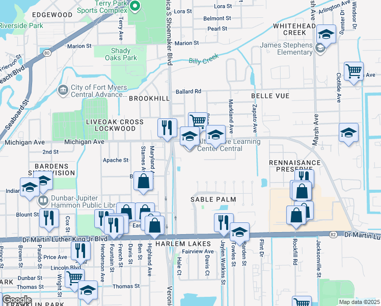 map of restaurants, bars, coffee shops, grocery stores, and more near 3650 Michigan Avenue in Fort Myers
