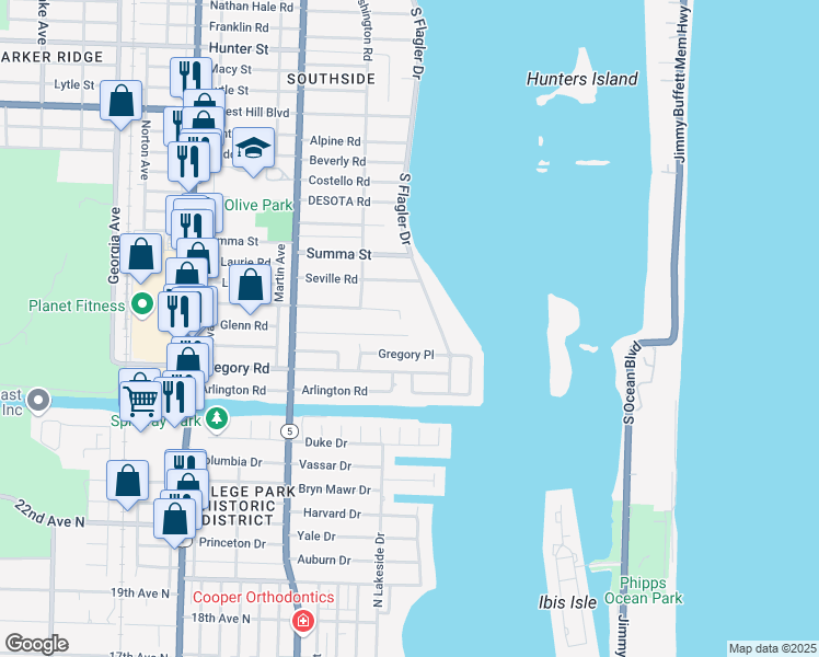 map of restaurants, bars, coffee shops, grocery stores, and more near 101 Rutland Boulevard in West Palm Beach
