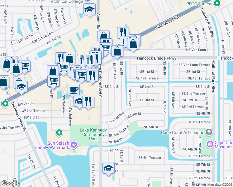 map of restaurants, bars, coffee shops, grocery stores, and more near 213 Southeast 1st Avenue in Cape Coral