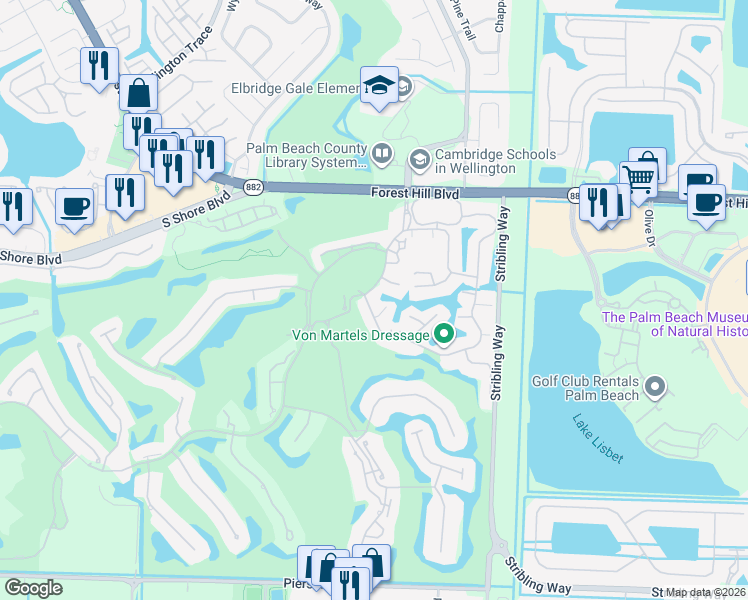 map of restaurants, bars, coffee shops, grocery stores, and more near 11880 Pebblewood Drive in Wellington
