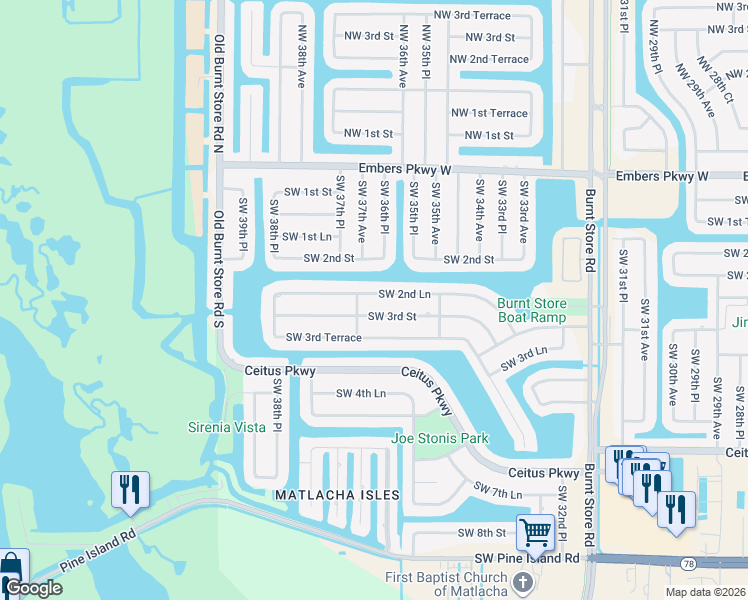 map of restaurants, bars, coffee shops, grocery stores, and more near 3704 Southwest 37th Avenue in Cape Coral