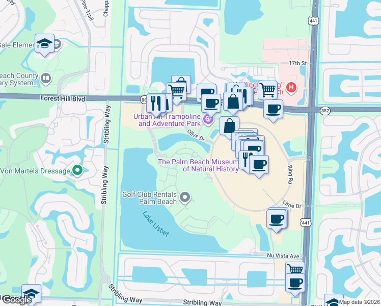 map of restaurants, bars, coffee shops, grocery stores, and more near 3409 Pomerol Drive in Wellington