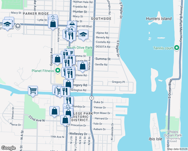 map of restaurants, bars, coffee shops, grocery stores, and more near 261 Rutland Boulevard in West Palm Beach