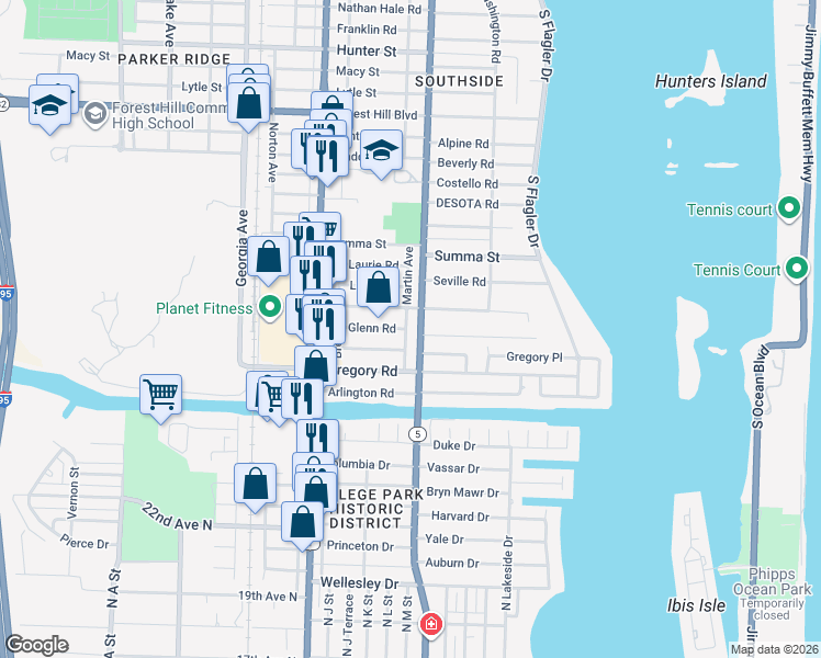 map of restaurants, bars, coffee shops, grocery stores, and more near 261 Rutland Boulevard in West Palm Beach
