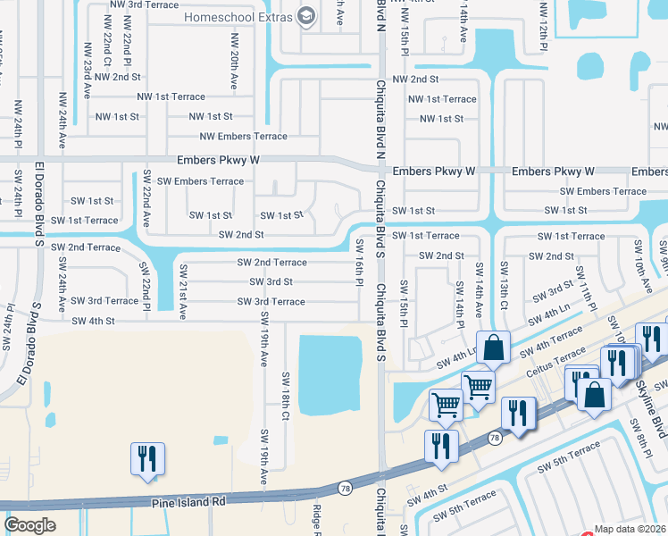 map of restaurants, bars, coffee shops, grocery stores, and more near 1702 Southwest 2nd Terrace in Cape Coral