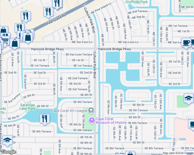 map of restaurants, bars, coffee shops, grocery stores, and more near 217 Cultural Park Boulevard in Cape Coral
