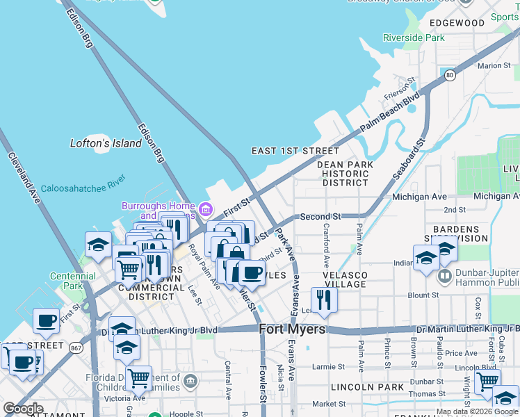 map of restaurants, bars, coffee shops, grocery stores, and more near 1526 Park Avenue in Fort Myers