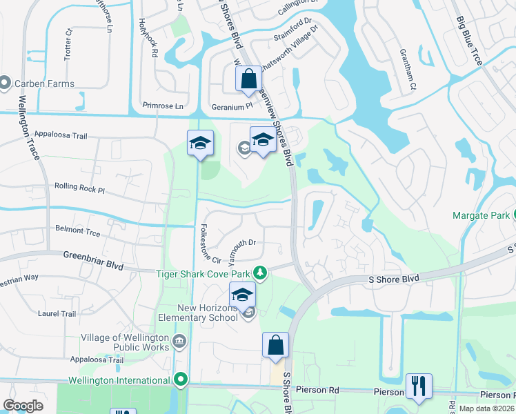 map of restaurants, bars, coffee shops, grocery stores, and more near 13676 Folkestone Court in Wellington