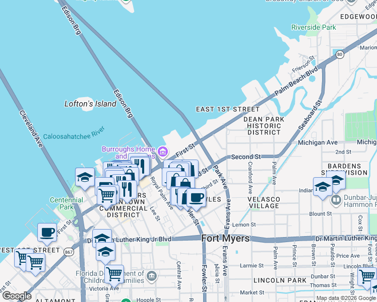 map of restaurants, bars, coffee shops, grocery stores, and more near 2525 Florida 80 in Fort Myers