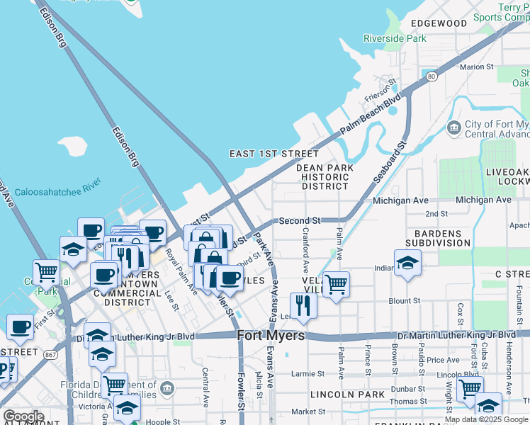 map of restaurants, bars, coffee shops, grocery stores, and more near 1626 Avalon Place in Fort Myers