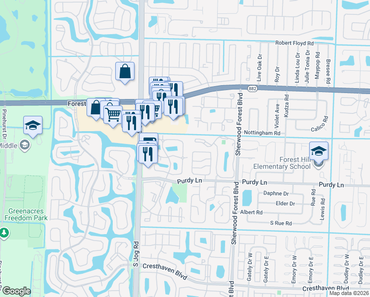 map of restaurants, bars, coffee shops, grocery stores, and more near 2177 White Pine Circle in Greenacres