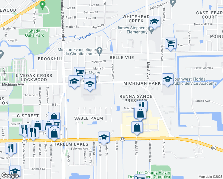 map of restaurants, bars, coffee shops, grocery stores, and more near 3920 Michigan Avenue in Fort Myers