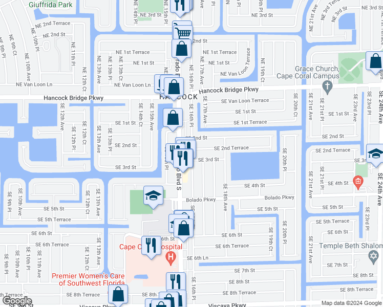 map of restaurants, bars, coffee shops, grocery stores, and more near 217 Del Prado Boulevard South in Cape Coral