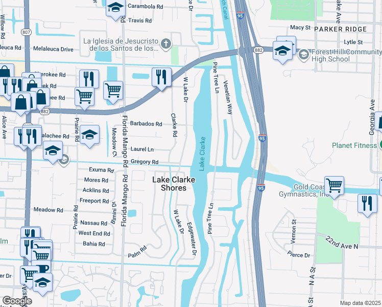 map of restaurants, bars, coffee shops, grocery stores, and more near 7410 West Lake Drive in West Palm Beach