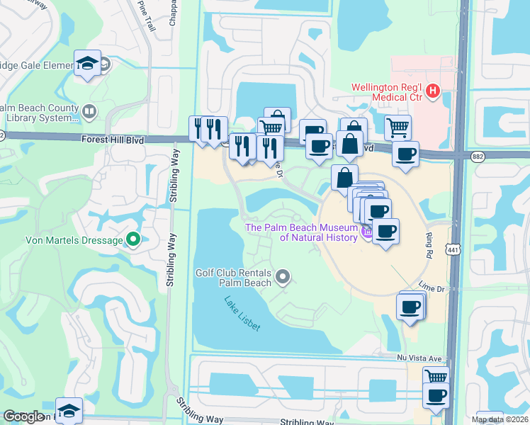 map of restaurants, bars, coffee shops, grocery stores, and more near 2896 Pomerol Drive in Wellington