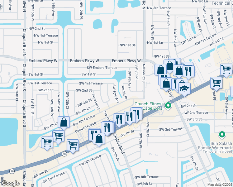 map of restaurants, bars, coffee shops, grocery stores, and more near 205 Southwest 10th Avenue in Cape Coral