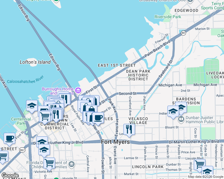 map of restaurants, bars, coffee shops, grocery stores, and more near 1626 Avalon Place in Fort Myers