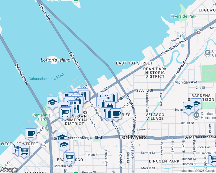 map of restaurants, bars, coffee shops, grocery stores, and more near 2525 Florida 80 in Fort Myers