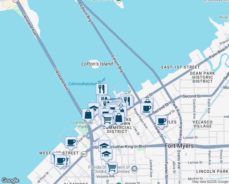 map of restaurants, bars, coffee shops, grocery stores, and more near 1300 Lee Street in Fort Myers