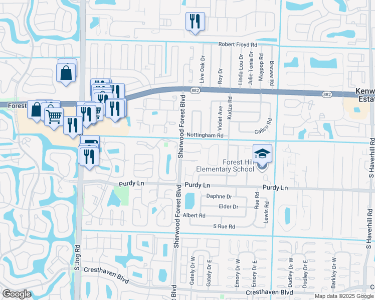 map of restaurants, bars, coffee shops, grocery stores, and more near 5955 Longbow Lane in West Palm Beach
