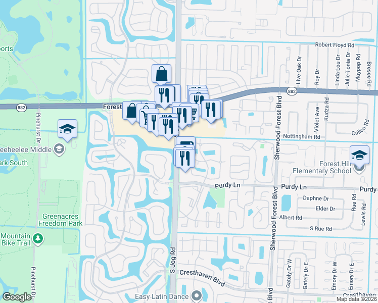 map of restaurants, bars, coffee shops, grocery stores, and more near 2095 White Pine Circle in Greenacres