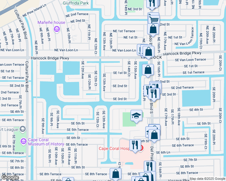 map of restaurants, bars, coffee shops, grocery stores, and more near 1319 Southeast 2nd Terrace in Cape Coral