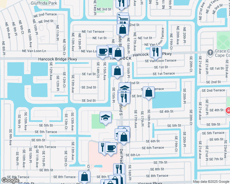 map of restaurants, bars, coffee shops, grocery stores, and more near 211 Southeast 15th Place in Cape Coral
