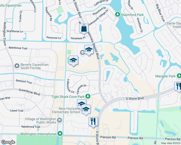 map of restaurants, bars, coffee shops, grocery stores, and more near 13676 Folkestone Court in Wellington