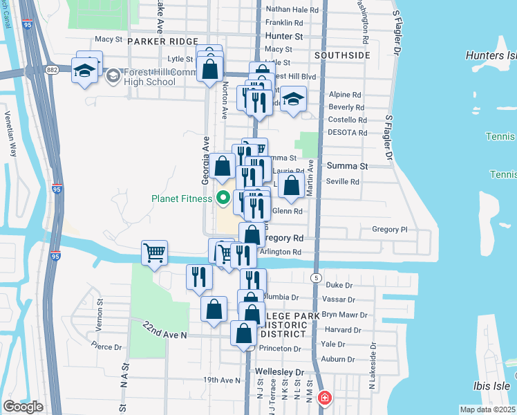 map of restaurants, bars, coffee shops, grocery stores, and more near 7800 South Dixie Highway in West Palm Beach
