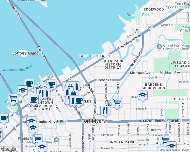 map of restaurants, bars, coffee shops, grocery stores, and more near 1615 Evans Avenue in Fort Myers