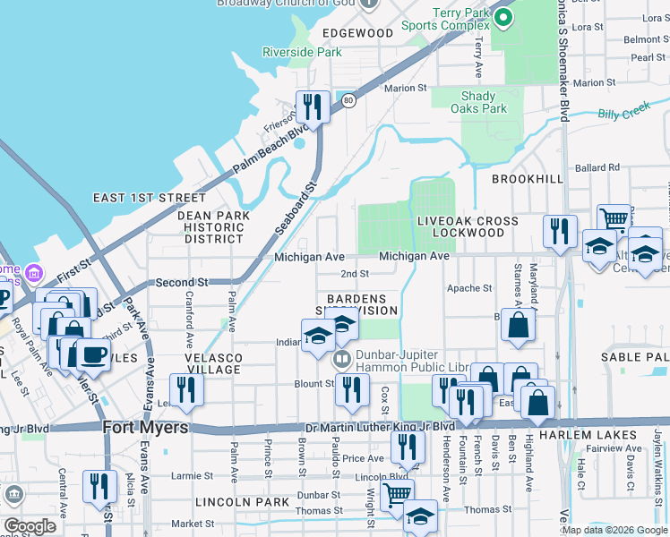 map of restaurants, bars, coffee shops, grocery stores, and more near 3019 2nd Street in Fort Myers