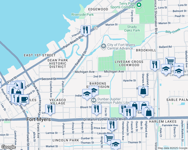 map of restaurants, bars, coffee shops, grocery stores, and more near 3066 2nd Street in Fort Myers