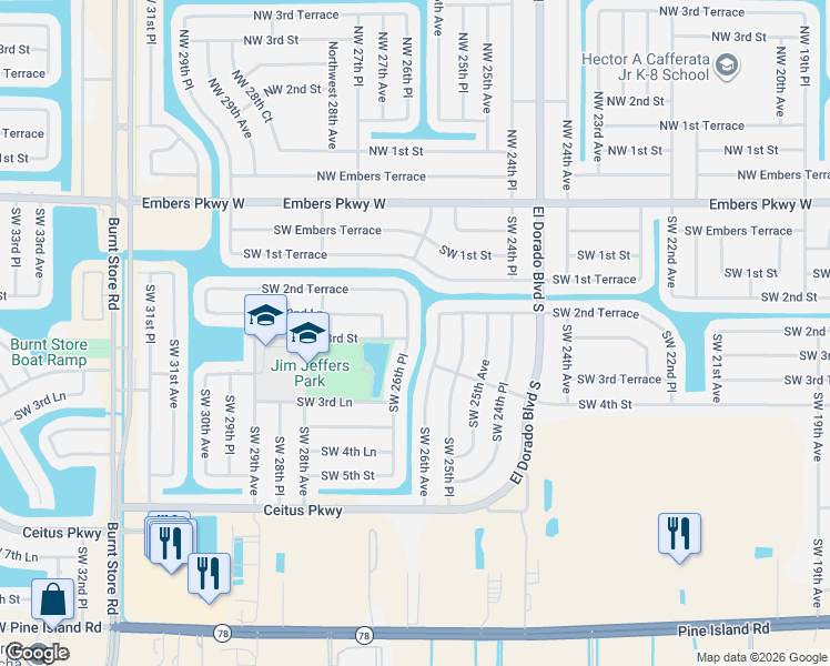 map of restaurants, bars, coffee shops, grocery stores, and more near 300 Southwest 26th Place in Cape Coral
