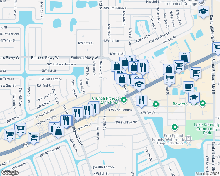 map of restaurants, bars, coffee shops, grocery stores, and more near 625 Southwest Pine Island Road in Cape Coral