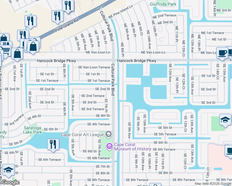 map of restaurants, bars, coffee shops, grocery stores, and more near 217 Cultural Park Boulevard in Cape Coral