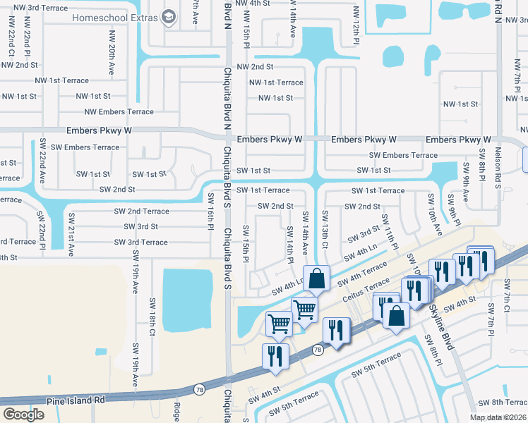 map of restaurants, bars, coffee shops, grocery stores, and more near 1434 Southwest 2nd Street in Cape Coral