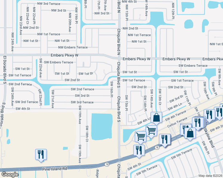 map of restaurants, bars, coffee shops, grocery stores, and more near 133 Southwest 16th Place in Cape Coral